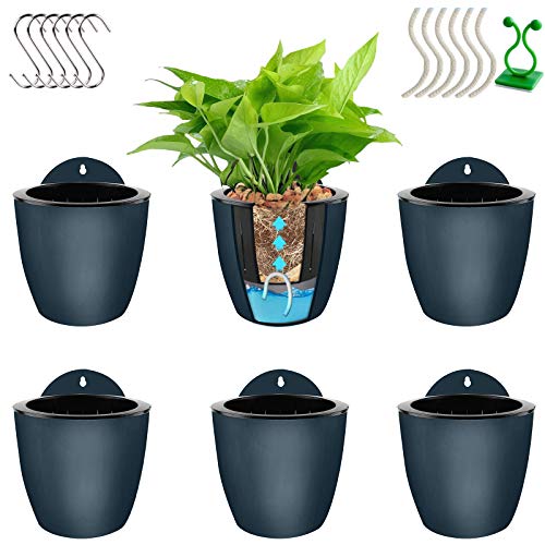 Self Watering Hanging PlantersLazy Flower Pots Water Hanging Plants PotPlant Flower Pot Wall Hanging Plastic Planters with 6 Hooks (Small Black6 PCS)