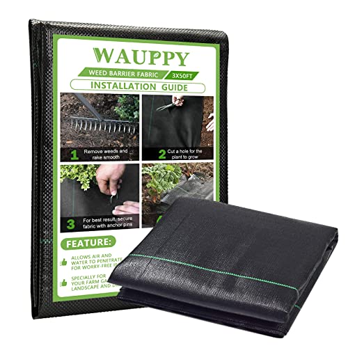 WAUPPY Weed Barrier Landscape Fabric Heavy Duty 3 X 50ft Premium Weed Blocker Gardening Mat Weed Control Ground Cover for Flower Bed Mulch Garden Stakes