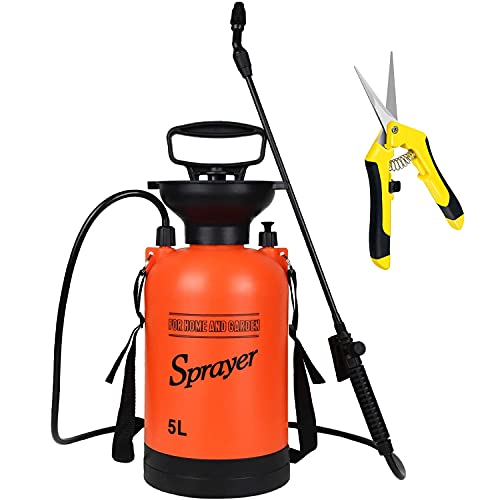 iPower 135 Gallon Lawn Garden Pump Sprayer Adjustable Shoulder Strap Pressure Relief Value with 65 Inch Hand Pruner Combo Stainless Steel Blades Spray Bottle  Yellow Yellow