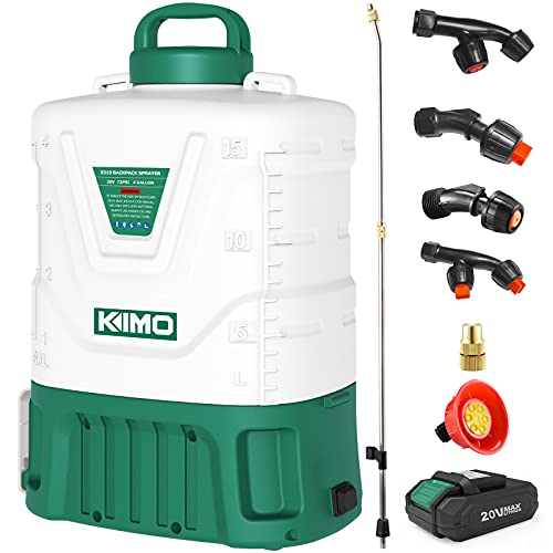 KIMO 4 Gallon Garden Sprayer 72PSI Backpack Sprayer 20V Battery Powered w 20Ah Battery for Long Time Spray Metal Wand No Pumping Required Electric Sprayer for Weeding Spraying Cleaning