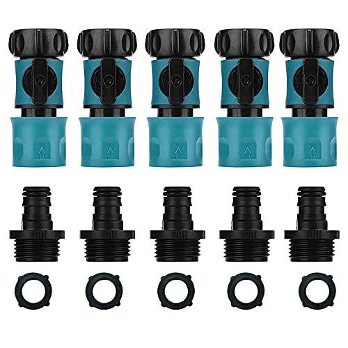 Plastic Garden Hose Quick Connectors Female and Male with ShutOff Valve for Water Hose Coupling 34 Inch Quick Release Kit Hose Fittings and Adapters (5 Sets 10 Pcs)
