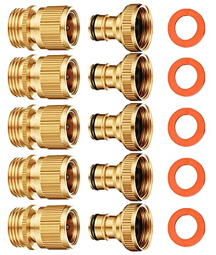 SHOWNEW Garden Hose Quick Connect Solid Brass Water Hose Connector Fittings Male and Female Kit Easy to Release 34 inch GHT (5 Sets)
