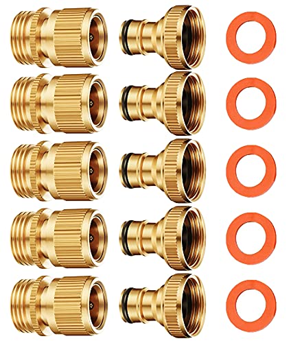 SHOWNEW Garden Hose Quick Connect Solid Brass Water Hose Connector Fittings Male and Female Kit Easy to Release 34 inch GHT (5 Sets)