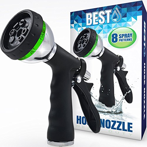 BEST Garden Hose Nozzle (HIGH Pressure Technology)  8 Way Spray Pattern  Jet Mist Shower Flat Full Center Cone and Angel Water Sprayer Settings  Rear Trigger Design  Steel Chrome Design