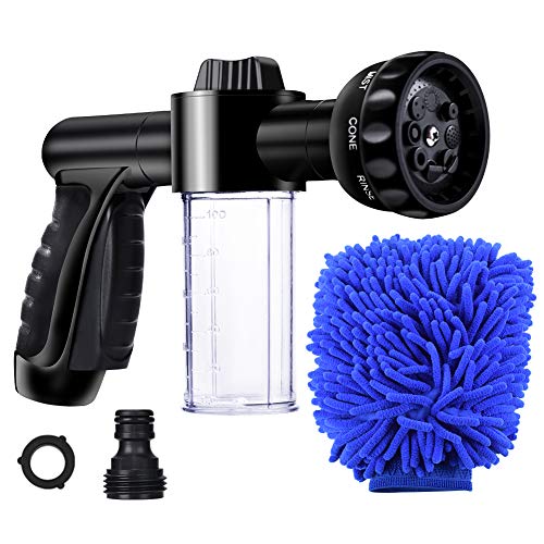 Garden Hose Nozzle High Pressure Hose Spray Nozzle 8 Way Spray Pattern with 35oz100cc Soap Dispenser Bottle Snow Foam Gun for Watering Plants Lawn Patio Car Wash Cleaning，Showering Pet