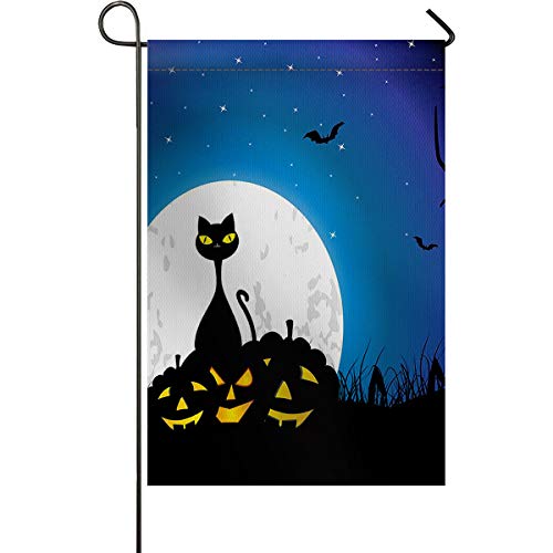 28x40inch Polyester Garden Flag Halloween Vertical Double Sided Garden Yard Banner Lawn Outdoor Indoor Decoration Supplies Late Night Pumpkin Lanterns and Black Cat Bats