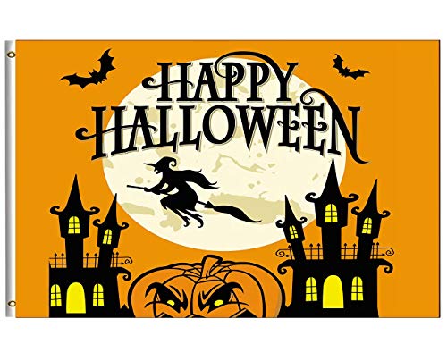 Halloween Flag 3x5 FT Witch Spooky Pumpkin Haunted House Full Moon Bat Flag Banner with Brass Grommets Trick or Treat Garden House Indoor Outdoor Halloween Party Supplies DecorationsSinglesided