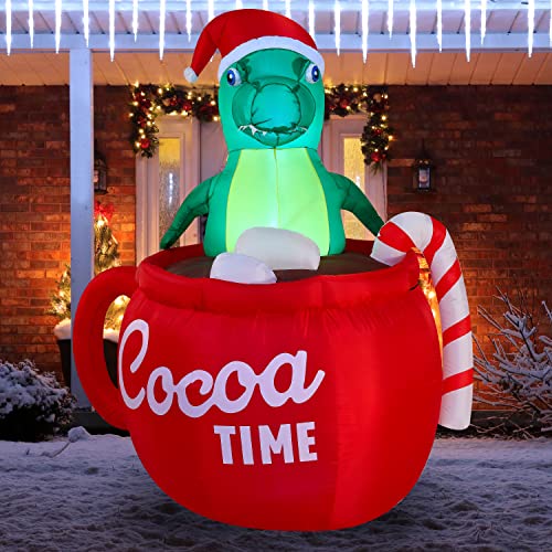 6 FT Tall Inflatable Dinosaur in a Huge Mug Christmas Inflatable with Buildin LEDs Blow Up Inflatables for Christmas Party Lawn Decorations