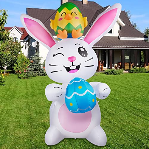 HOOJO 8 FT Height Easter Decorations Inflatable Easter Bunny Easter Inflatables Bunny with Eggs Buildin LED Easter Inflatables Decorations Outdoor for Holiday Lawn Yard Garden