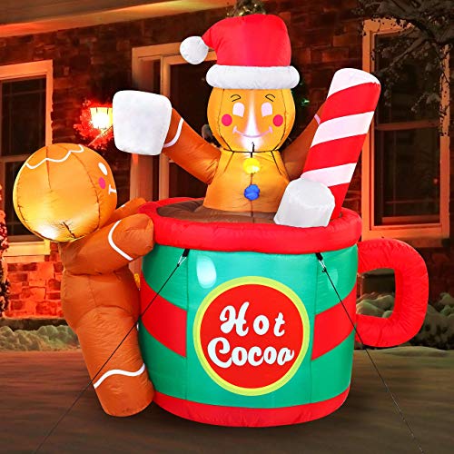 Joiedomi 6 FT Tall Gingerbread Man in Hot Cocoa Mug Inflatable with Buildin LEDs Blow Up Inflatables for Xmas Party Indoor Outdoor Yard Garden Lawn Winter Decor Christmas Inflatable Decoration