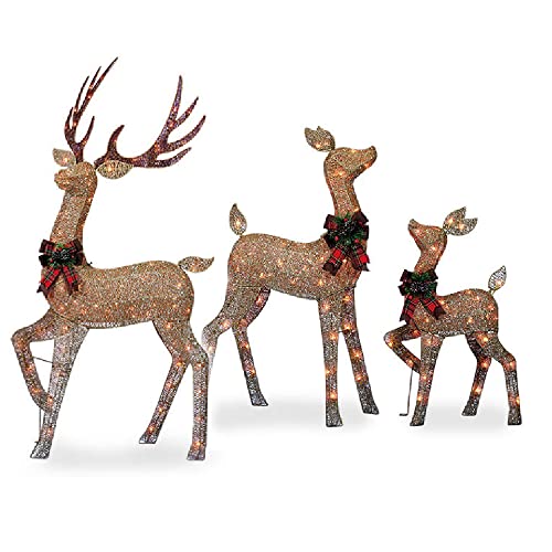 3 Piece Holiday Light Up Glittering Deer Family Set  Christmas Lighted Reindeer Outdoor Decorations for Lawn or Yard  Comes with Buck Doe and Fawn