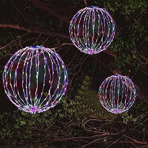 COVFEVER Set of 3 Outdoor LED Ball Lights Large Folding Lighted up Ball Decoration Indoor Outside Hanging for Valentines Day Birthday Wedding Holiday Party Tree Decor (Multicolor)