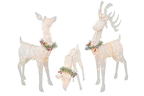Top Treasures 3 Piece Reindeer Family Lighted Deer Set 210 Lights 52 Buck 44 Doe 28 Fawn Large Deer Family for Indoor or Outdoor Christmas Decorations Yard Art (White)