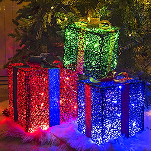 Vanthylit Christmas Decorations 3PK Christmas Lighted Gift Boxes with Red Blue and Green Glittering Present Boxes with 48LED for Indoor Outdoor Use