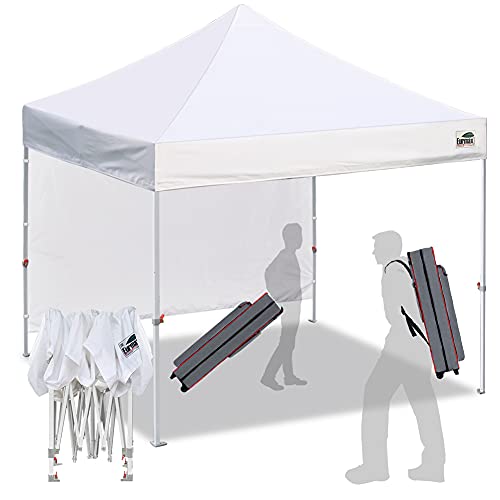Eurmax USA Smart 10x10 Pop up Canopy Tent Canopy with 1 Side Wall Outdoor Festival Tailgate Event Vendor Craft Show Canopy and Backpack Roller Bag Bouns 4X Stakes(White）