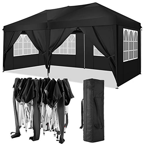 TOOLUCK Canopy 10x20 Pop Up Canopy Canopy Tent with 6 Sides Fully Waterproof Canopy with Heavy Duty Steel Frame Carry Bag Anchor Nail Ropes Black