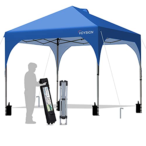 VOYSIGN 10x10 Pop Up Canopy Tent Outdoor Instant Sun Shelter  Blue Included 1 x Rolling Storage Wheeled Bag 4 x Weights Bags 4 x Guylines 8 x Stakes