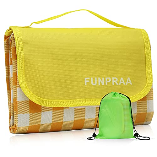 FUNPRAA Machine Washable Picnic Blanket 79x59Portable Foldable Waterproof Sandproof Compact Beach Blanket for 46 People Outdoor Mat for Spring Summer Camping Park Travel Yellow