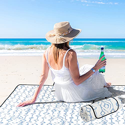 Lamivia Picnic Blanket Beach Blankets 80x80 Thick Outdoor Mat with 3Layers Waterproof Foldable Extra Large Sandproof Machine Washable Oversized XL for Camping Park Grass(Blue White Pattern)
