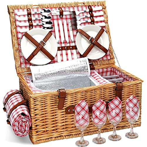 Wicker Picnic Basket Set for 4 Persons with Waterproof Picnic Blanket and Large Insulated Cooler Compartment Willow Picnic Hamper Basket with Cutlery Service Kits for Camping Wedding Anniversary