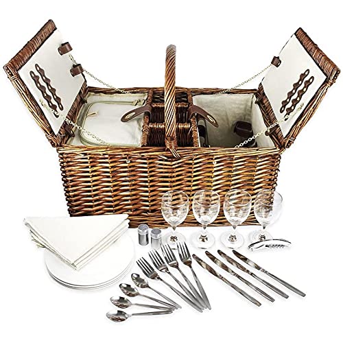 Delux Double Lid Classic Wicker Picnic Basket  Large 4Person Picnic Supply Set with Insulated Cooler Bag Includes Silverware Glasses and Accessories