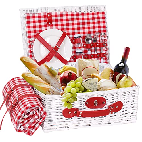 KUSARKO Wicker Picnic Basket Sets for 2 Persons with Waterproof Picnic BlanketInsulated Cooler Compartment and Tableware SetCouples Wedding Anniversary Birthday (White)