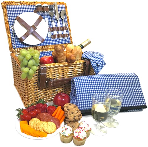 Picnic Basket Set  2 Person Picnic Hamper Set  Waterproof Picnic Blanket Ceramic Plates Metal Flatware Wine Glasses SP Shakers Bottle Opener Blue Checked Pattern Lining Picnic Set  Picnic Tote