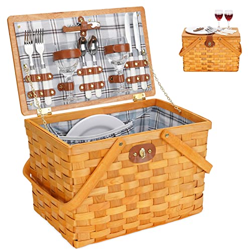 Picnic Basket Set for 2 Handmade Woodchip Basket for Picnic with Double Handles Wooden Lid  Cutlery Service Kit Best Gift for Couple Valentines Day Birthday Wedding Lawn Beach Party Honey