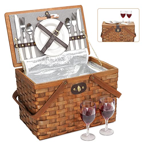 Picnic Basket Set for 2 Persons Handmade Woodchip Basket with Large Insulated Cooler Compartment Wooden Lid  Cutlery Service Kit Best Gift for Couple Valentines Day Birthday WeddingWalnut