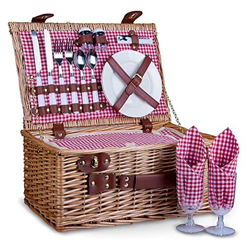 SatisInside Picnic Basket for 2 Wicker Picnic Set with Insulated Liner for CampingWeddingValentine DayGift  Reinforced Handle Red