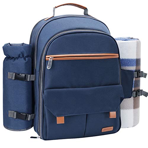 Sunflora Picnic Backpack for 4 Person with Blanket Picnic Basket Set for 2 with Insulated Cooler Wine Pouch for Family Couples (Navy Blue)