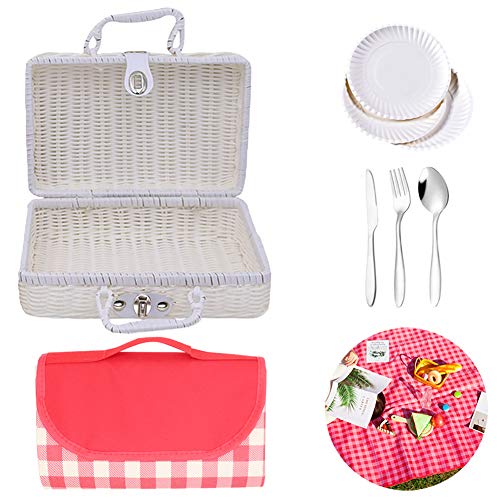 Womens Handmade Vintage Rattan Handbag Picnic Set Rattan Picnic Basket Folding Picnic Blanket Picnic Cutlery Set Best Choice for Outdoor Outing Camping Storage Baskets (White)