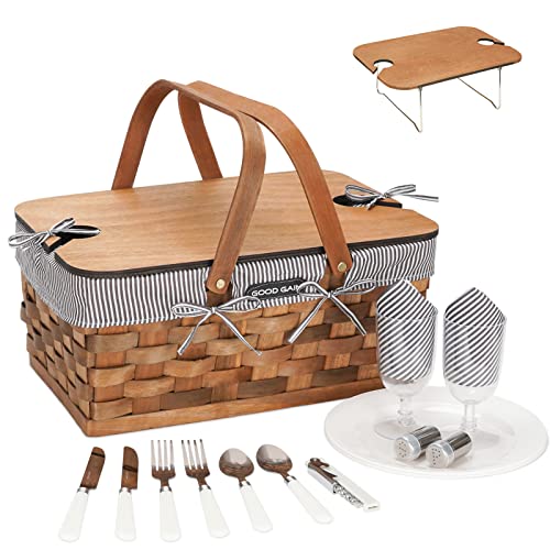 Woodchip Picnic Basket for 2 with Portable Wine Table Woven Basket with Double Swing Handles  Removable Cutlery Service Kit Large Basket for Picnic Camping Family Wedding Gifts for CoupleGrey