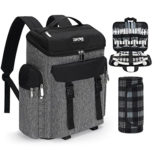 ZORMY Picnic Backpack Set for 4 Person Insulated Bag with LeakProof Cooler Compartment Wine Bottle Holder Fleece Blanket Picnicware Perfect for Beach Camping BBQs Family and Lovers Gifts
