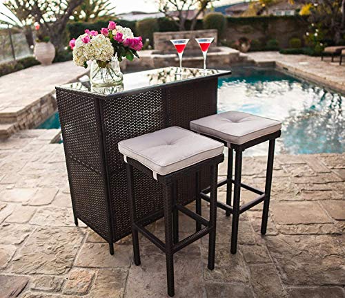 Cemeon Outdoor Bar 3Piece Patio Bar Set with Two Stools and Glass Top Bar Table Brown Wicker Patio Furniture with Removable Cushions