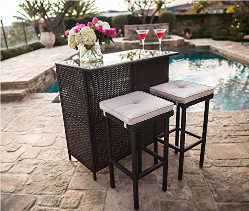 Crownland 3Piece Wicker Patio Outdoor Bar Set 2 Stools and 1 Glass Top Table LargeCapacity Storage Space Brown Wicker Bar Table Outdoor Furniture Set for Deck Lawn Backyard