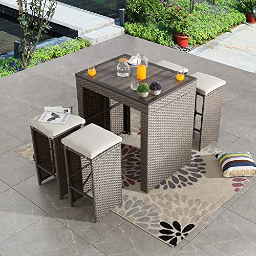 LOKATSE HOME 5Piece Outdoor Bar Set with Patio Stools and Rattan Table Pub Height Wicker Furniture Removable Cushions for Backyards Porches Gardens or Pools Brown