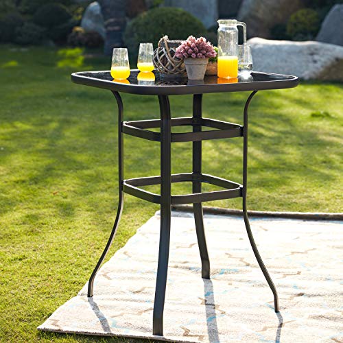 LOKATSE HOME Bar Height Counter Tall Patio Table Outdoor Bistro Glass Top All Weather Metal Frame Square Tempered Furniture Black