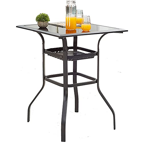 LOKATSE HOME High Outdoor Patio Bar Height Glass Top Table Black