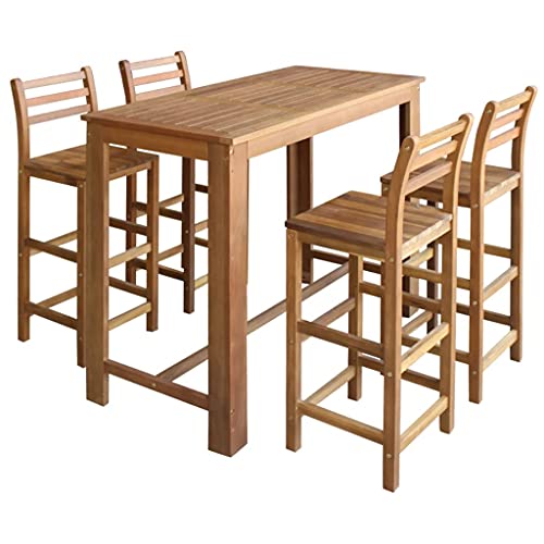 TEWTX7 5 Piece Bistro Set Wood Bar Table and 4 Counter Height Stool Chairs Dining Breakfast Chair Set for Kitchen Pub Garden Backyard Patio Indoor Outdoor Furniture Solid Acacia Brownb