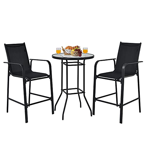 Tangkula 3 Pieces Outdoor Patio Bar Set Outdoor Bistro Set with 2 Bar Stools and 1 Tempered Glass Bar Table Bar Height Patio Table and Stools Set for Backyard Garden Lawn (Black)