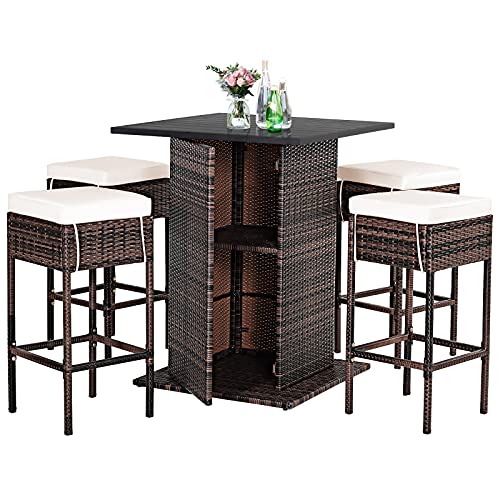 Tangkula 5 Piece Outdoor Rattan Bar Set Patio Bar Furniture with 4 Cushions Stools and Smooth Top Table with Hidden Storage Shelf Outdoor Conversation Set for Poolside Backyard Lawn and Garden