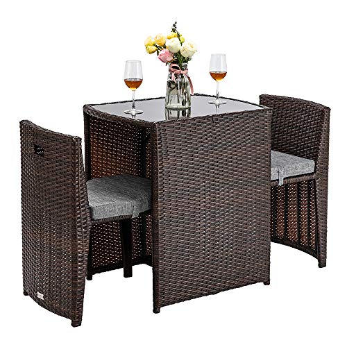 Bonnlo 3 PCS Outdoor Wicker Patio Bistro Set Rattan Conversation Set with Glass Top Table Cushioned Chairs Patio Convention Set Dining Table Set for Garden Yard Porch Space Saving Design