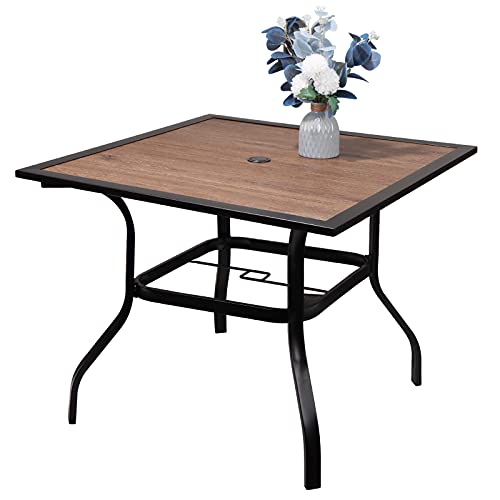 EMERIT Outdoor Patio Dining Table Square Metal Table with Umbrella Hole and WoodLike Tabletop
