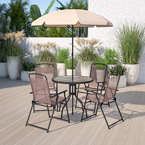 Flash Furniture Nantucket 6 Piece Brown Patio Garden Set with Umbrella Table and Set of 4 Folding Chairs