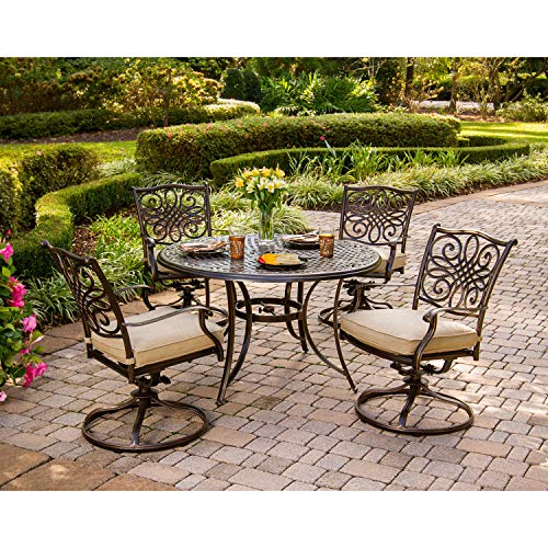 Hanover Traditions 5Piece Cast Aluminum Outdoor Patio Dining Set 4 Swivel Rocker Chairs and 48 Round Table Brushed Bronze Finish with Tan Cushions RustResistant TRADITIONS5PCSW