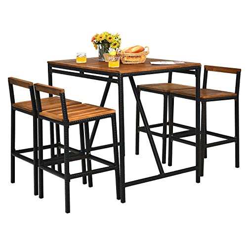 Happygrill 5 Piece Patio Bar Table Set with Umbrella Hole Acacia Wood HighDining Bistro Set with 4 Bar Stools PE Wicker Outdoor Bar Set for Backyard Patio and Poolside