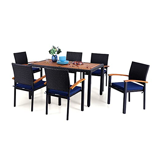 PHI VILLA 7 Piece Patio Dining Set for 6 60 Rectangular Acacia Wood Top Metal Dining Table  6 Cushioned Wicker Chairs for Outdoor Deck Yard