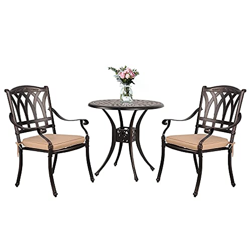 Soleil Jardin 3 Piece Bistro Table Set Outdoor Cast Aluminum Table and Chairs Outdoor Round Dining Table with Umbrella Hole for Porch Balcony Pool Antique Bronze