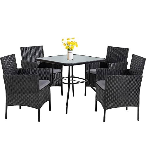 Walsunny 5Piece Indoor Outdoor Wicker Dining Set FurnitureSquare Tempered Glass Top Table with Umbrella Hole4 ChairsBlack(Grey Cushions)